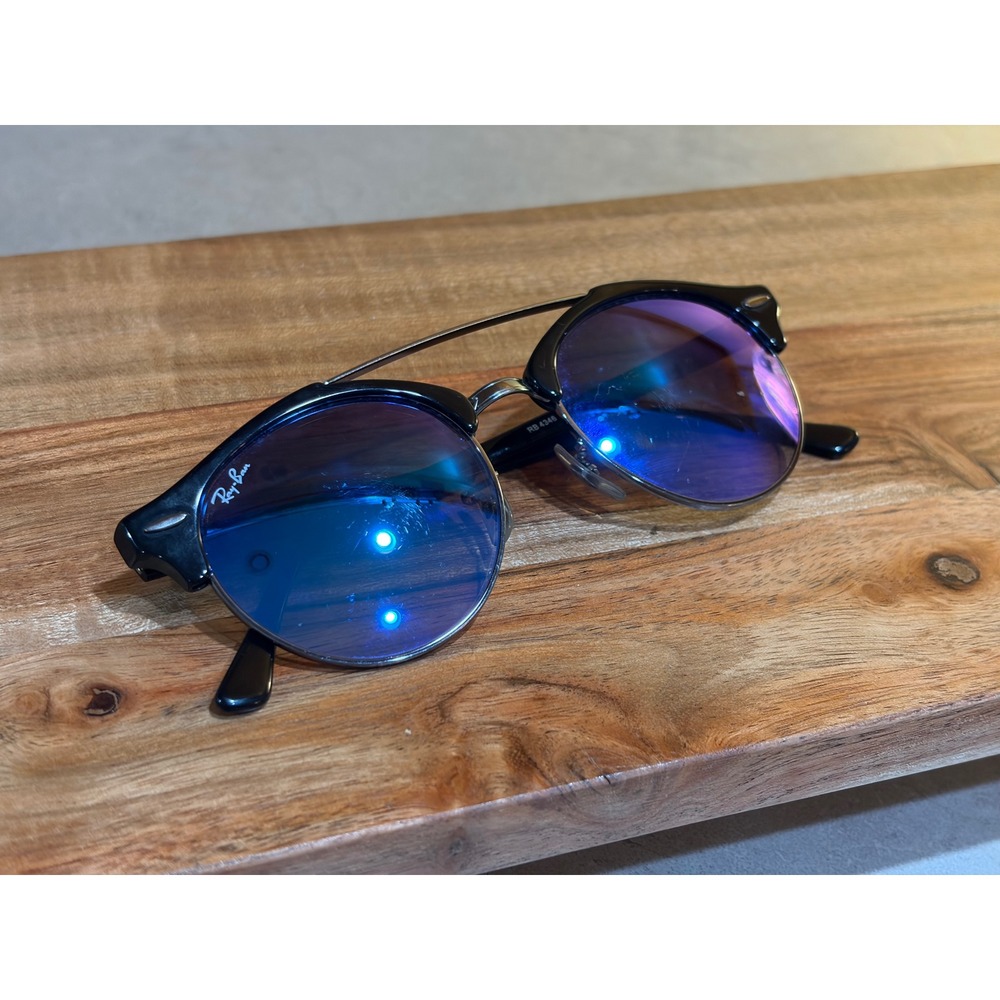 Ray Ban RB4346 Clubround Sunglasses 51mm Black Blue Mirror Double Bridge Unisex